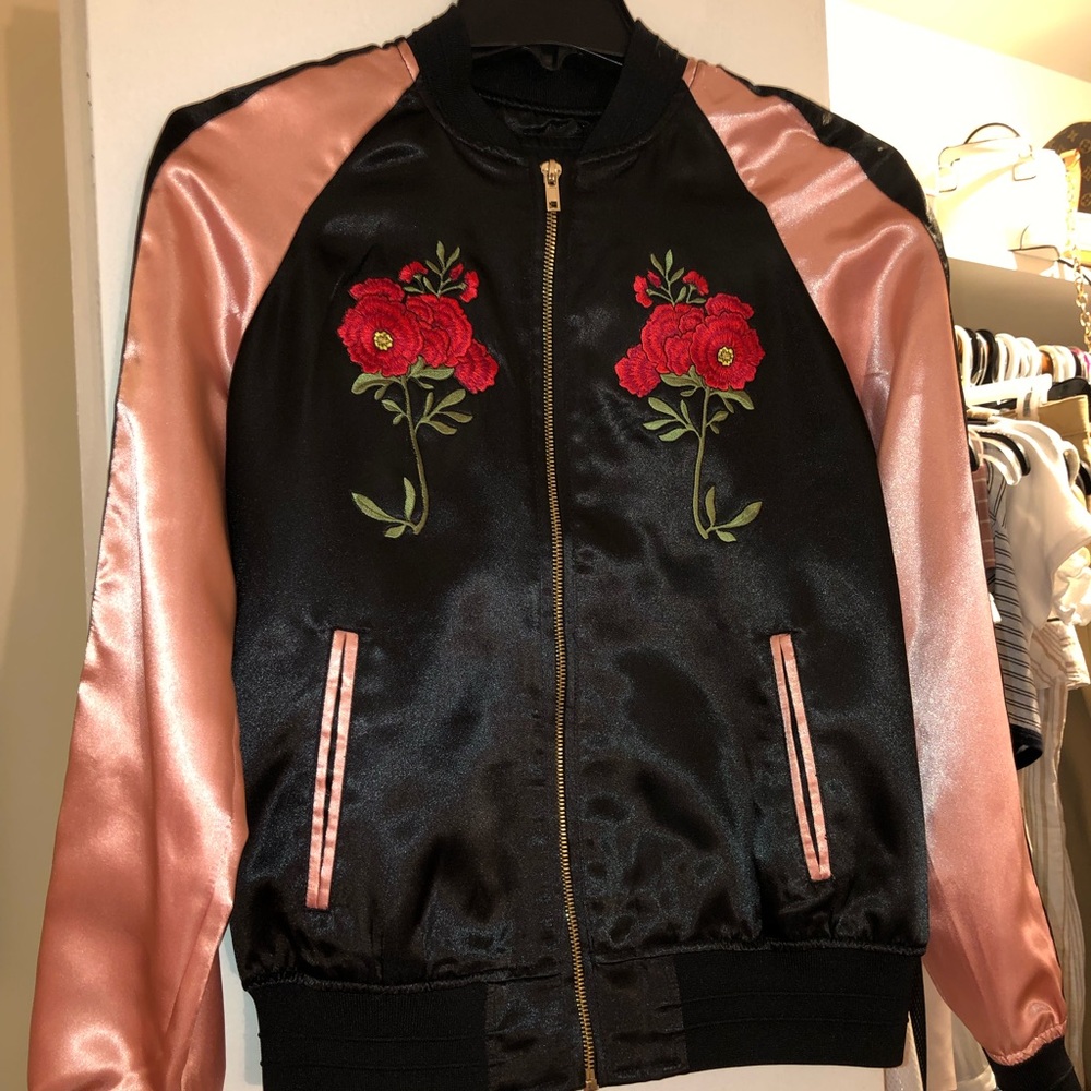 Satin Bomber Jacket Pink/Black Rose Embroidery